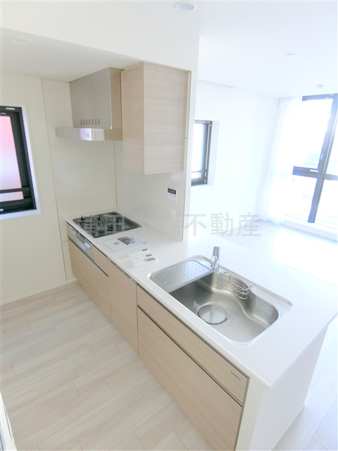 キッチン　3口ガスグリルと食洗器付きのカウンターキッチン