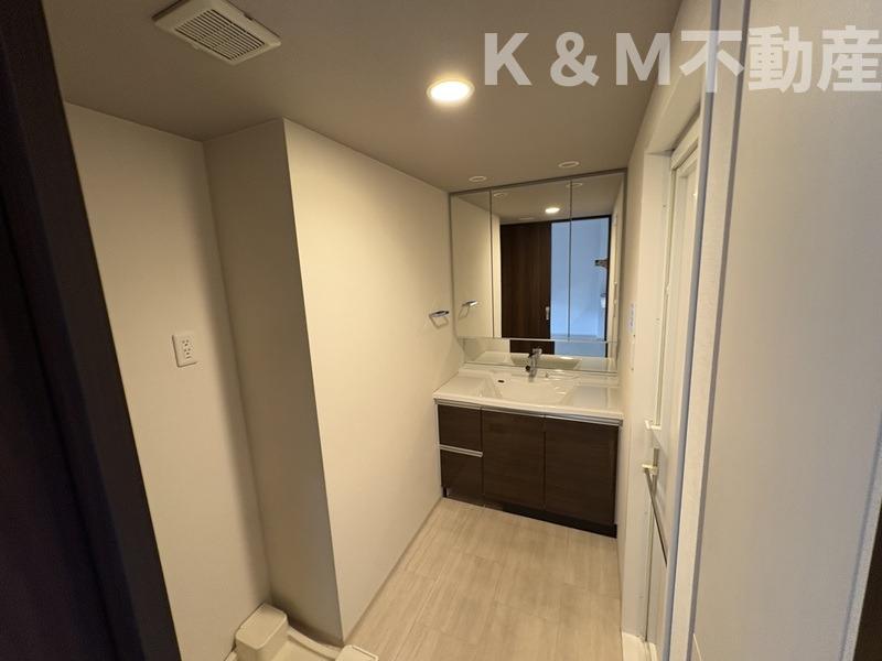 洗面設備　独立洗面台、小物を置くことができて便利です