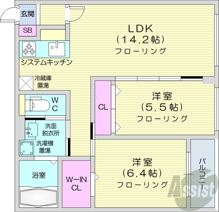 札幌市豊平区中の島二条のマンションの間取り