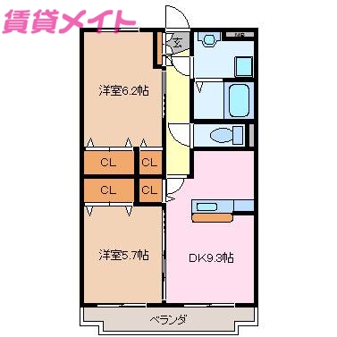 伊勢市二見町山田原のマンションの間取り