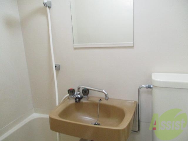 洗面設備　洗面台はお風呂場と仲良しのタイプでしたよ。お掃除楽々だね