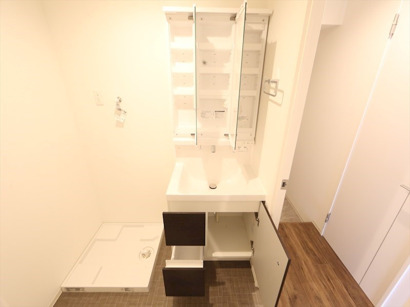 洗面設備　脱衣所　独立洗面台（シャンプードレッサー付）収納スペース有