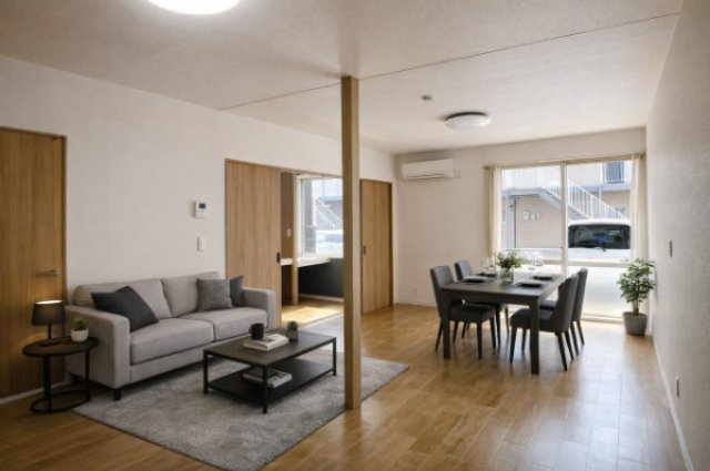 居室・リビング　バーチャルステージングの写真となります。家具家電等は付帯しま