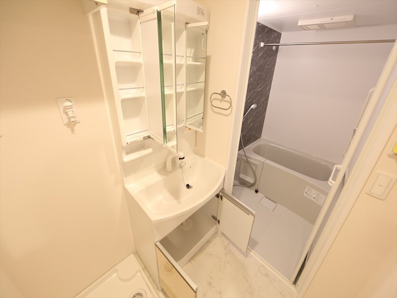 洗面設備　脱衣所　独立洗面台（シャンプードレッサー付）収納スペース有