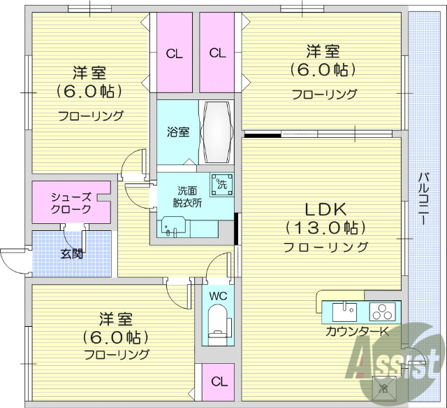 仙台市宮城野区鉄砲町西のアパートの間取り