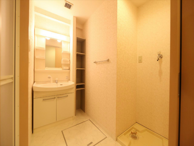 洗面設備　脱衣所　独立洗面台（シャンプードレッサー付）収納スペース有