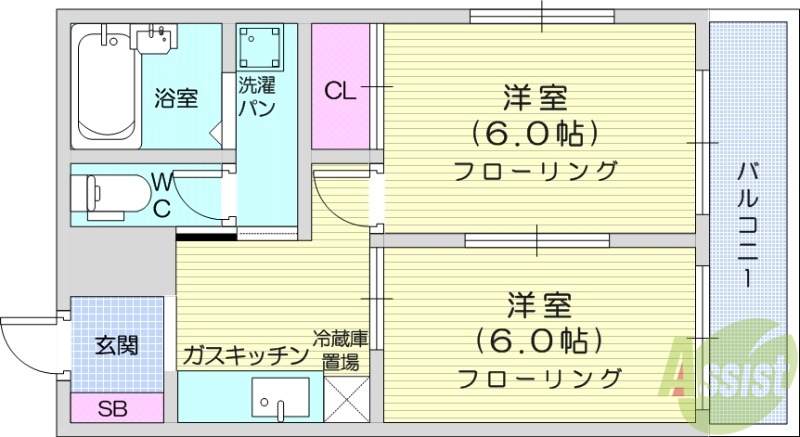 仙台市若林区六丁の目中町のマンションの間取り