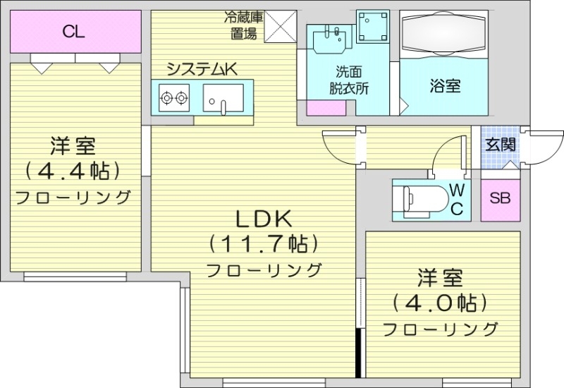 札幌市東区北四十三条東のマンションの間取り