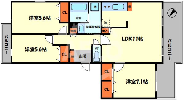 大阪市住吉区帝塚山西のマンションの間取り