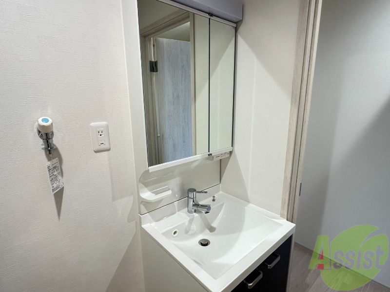 洗面設備　シャンプードレッサー。鏡の後ろも収納になってます。