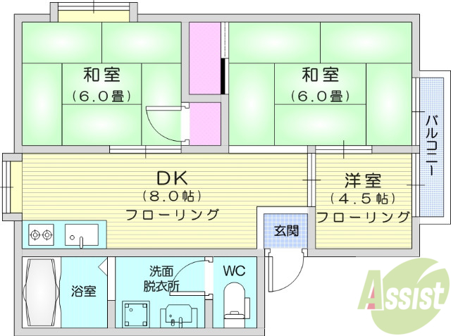 仙台市太白区八木山南のアパートの間取り