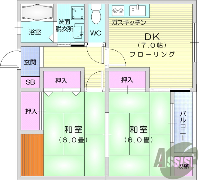 仙台市若林区かすみ町のアパートの間取り