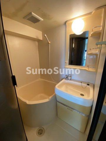 洗面設備　独立洗面台、小物を置くことができて便利です