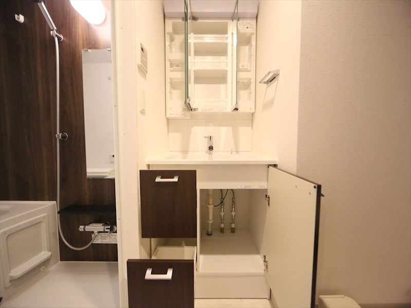 洗面設備　脱衣所　独立洗面台（シャンプードレッサー付）収納スペース有