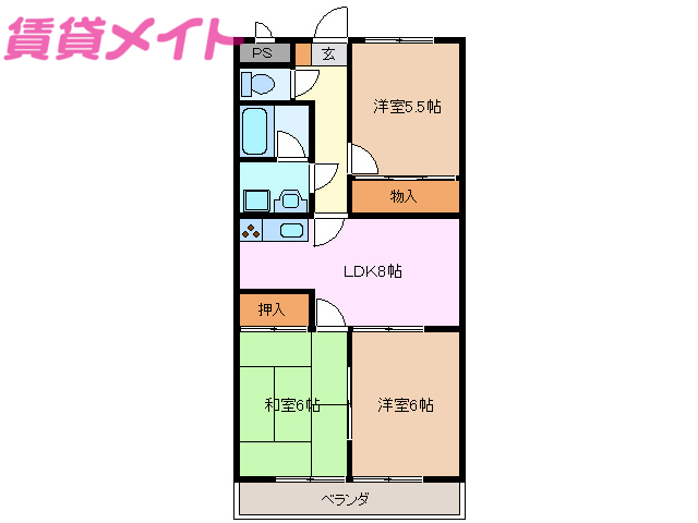 鈴鹿市道伯町のマンションの間取り