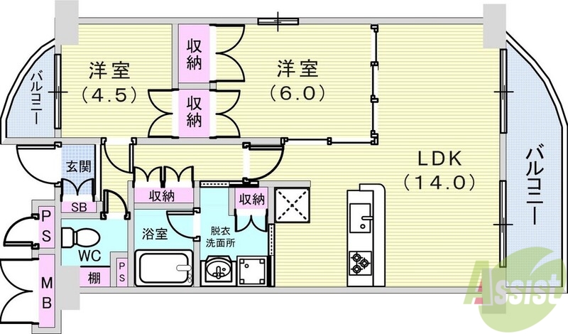 【神戸市東灘区御影中町のマンションの間取り】