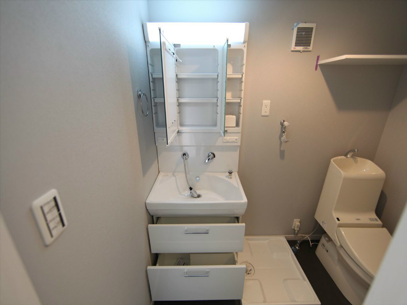 洗面設備　脱衣所　独立洗面台（シャンプードレッサー付）収納スペース有