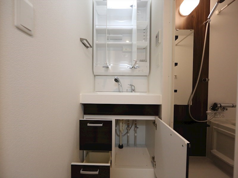 洗面設備　脱衣所　独立洗面台（シャンプードレッサー付）収納スペース有