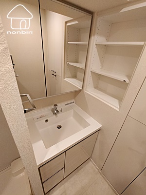 洗面設備　鏡の裏にも収納あり（同じタイプのお部屋です）