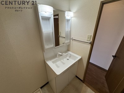 洗面設備　アメニティ収納棚がある独立洗面台です