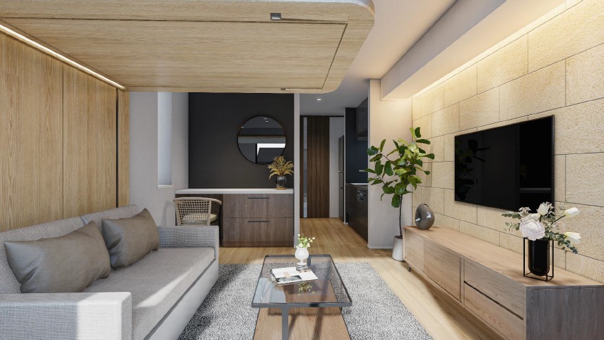 居室・リビング　ベッドを上げた際の室内イメージパース　※ベッド・マットレス・