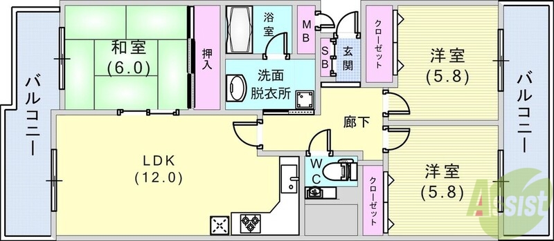 【神戸市灘区箕岡通のマンションの間取り】