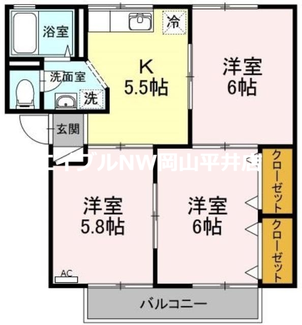 岡山市中区高屋のアパートの間取り