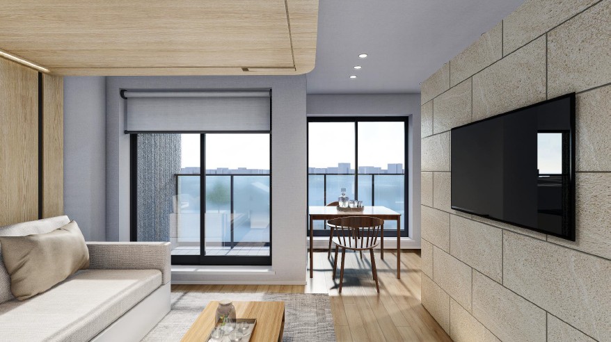 居室・リビング　ベッドを上げた際の室内イメージパース　※ベッド・マットレス・