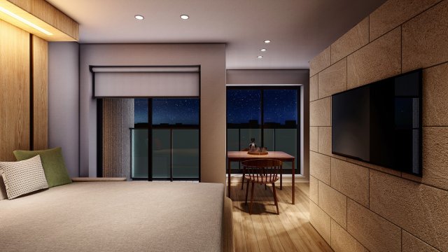 居室・リビング　ベッドを降ろした際の室内イメージパース　※ベッド・マットレス