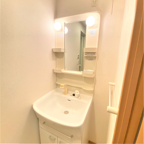 洗面設備　独立洗面台、小物を置くことができて便利です