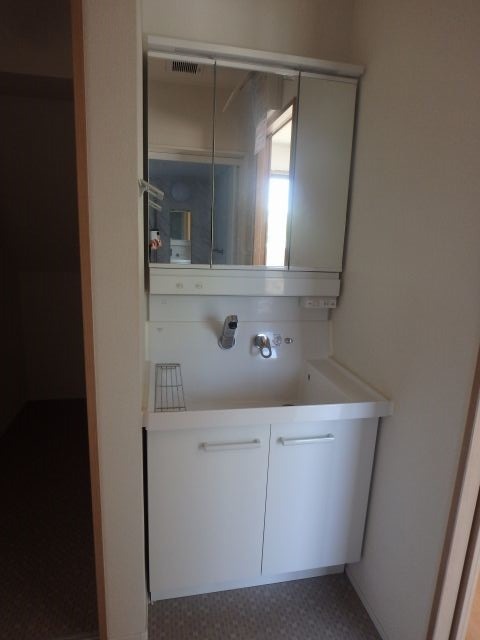 洗面設備　反転した間取りの室内写真です