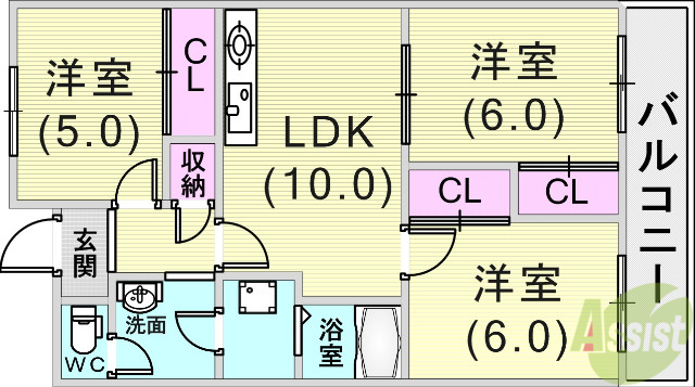 神戸市東灘区本庄町のマンションの間取り