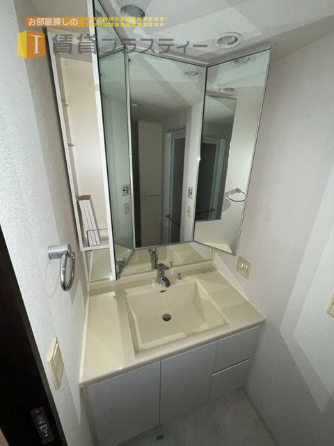 洗面設備　機能的な三面鏡仕様。