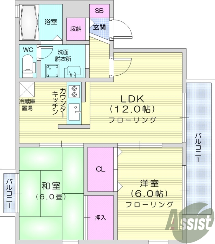 仙台市青葉区落合のアパートの間取り