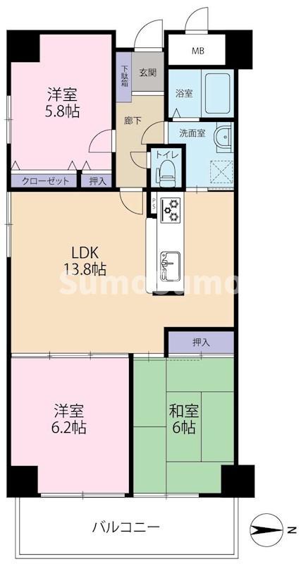 神戸市長田区萩乃町のマンションの間取り