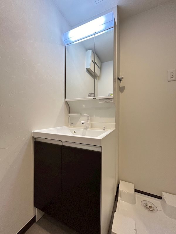 洗面設備　身支度に便利な独立洗面台付き。