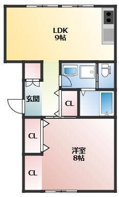 大口里 1LDK オートロックの間取り写真