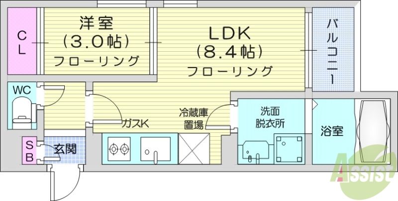 仙台市若林区白萩町のアパートの間取り