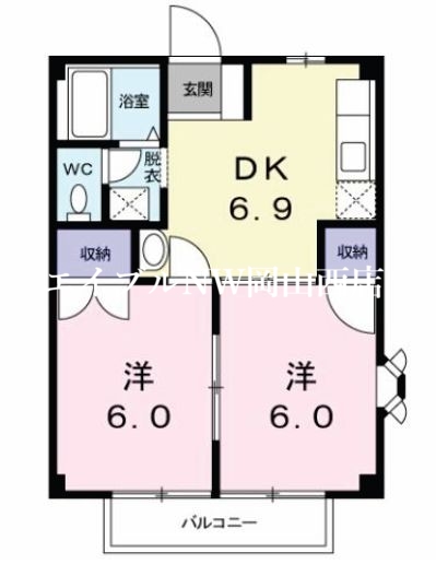 岡山市北区学南町のアパートの間取り