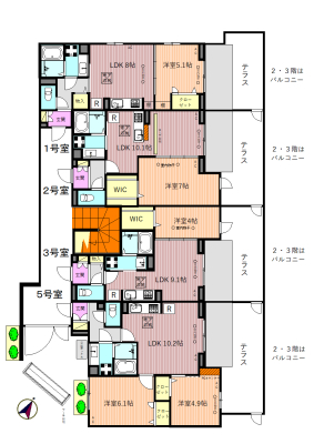 その他設備　全体図面（エントランス側が５号室となります）
