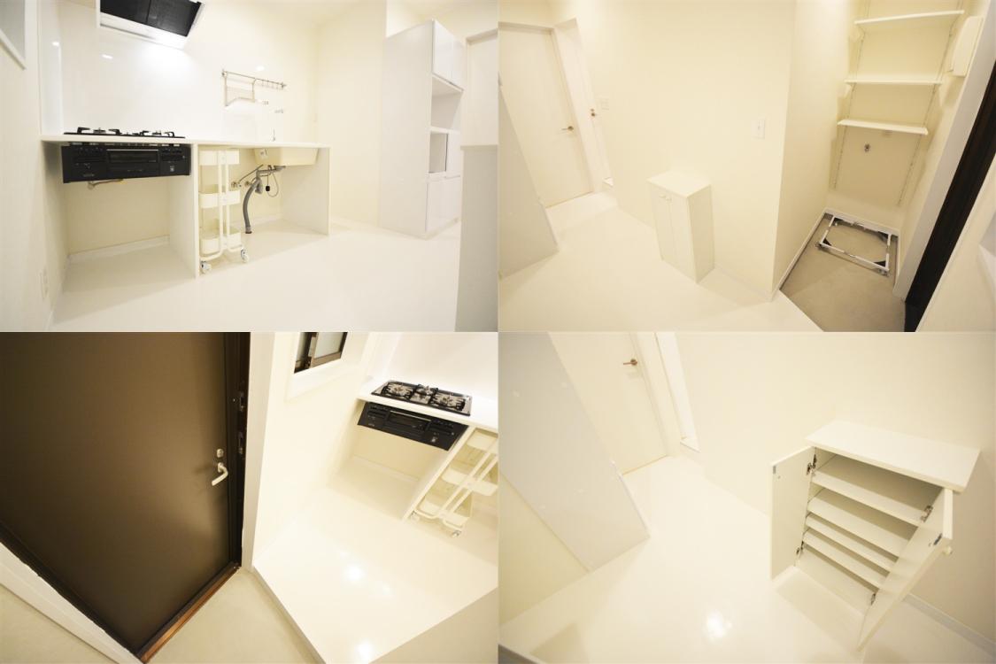 玄関　シューズボックスに土間の洗濯機置き場スペース。上部には可変式