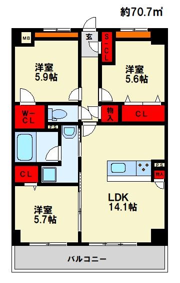 福岡市博多区東雲町のマンションの間取り