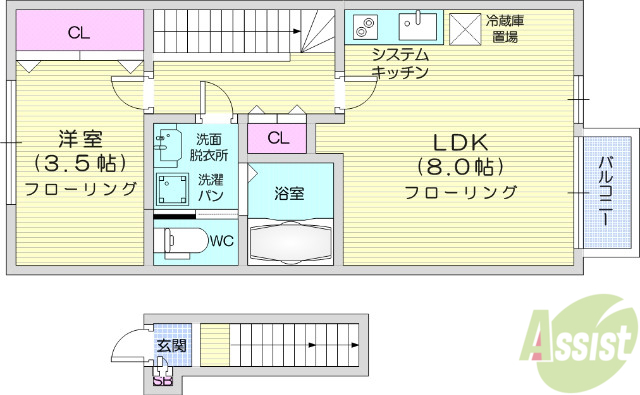 宮城県仙台市若林区五十人町（アパート）の賃貸物件の間取り
