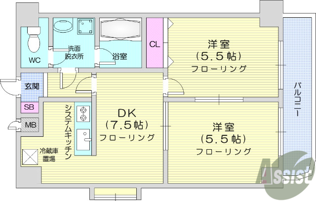 仙台市宮城野区福室のマンションの間取り