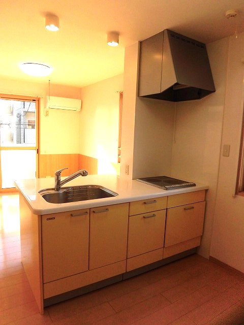 キッチン　魚焼きグリルはないですが2口IHコンロ付きの対面キッチン