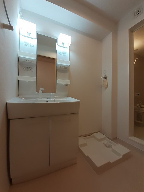 洗面設備　シャワー付き洗面台、室内洗濯機置き場