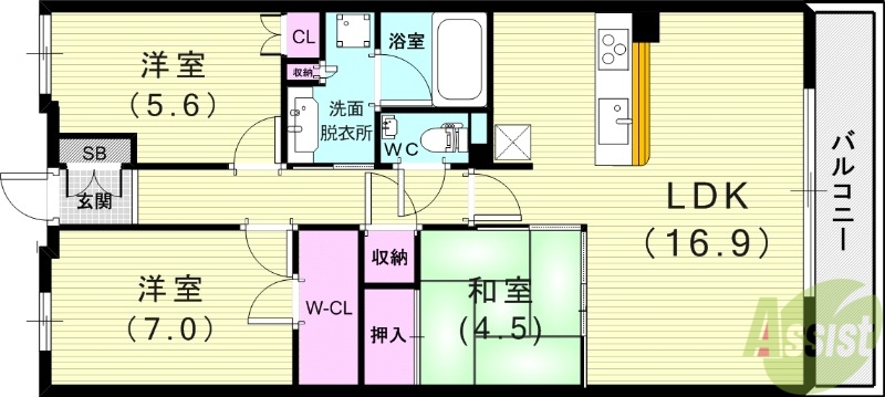 芦屋市朝日ケ丘町のマンションの間取り