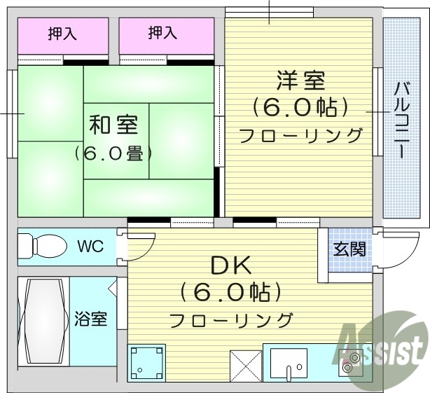 仙台市若林区沖野のアパートの間取り