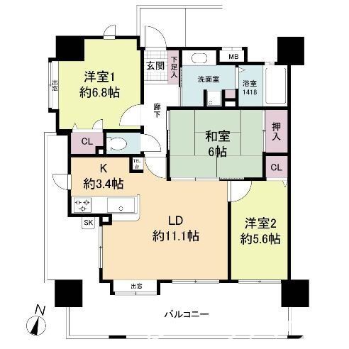 福岡市中央区港のマンションの間取り