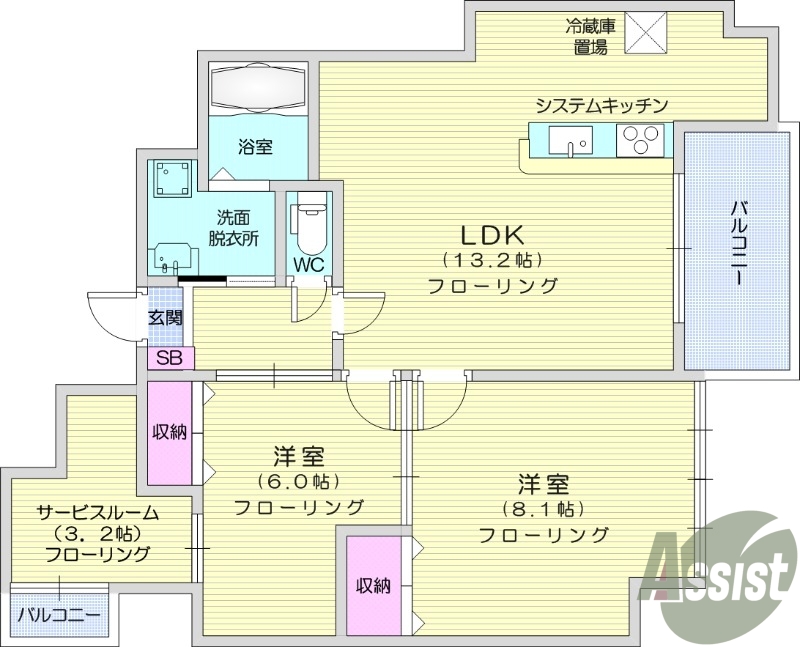 仙台市太白区鹿野のマンションの間取り